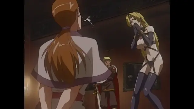 A woman with long brown hair in a white and purple dress stands with her back to the camera, looking surprised at a blonde woman in a revealing black and white bikini-style outfit who is covering her face with her hands in a room with a young male character standing between them. Screenshot from Himekishi Lilia - Episode 1