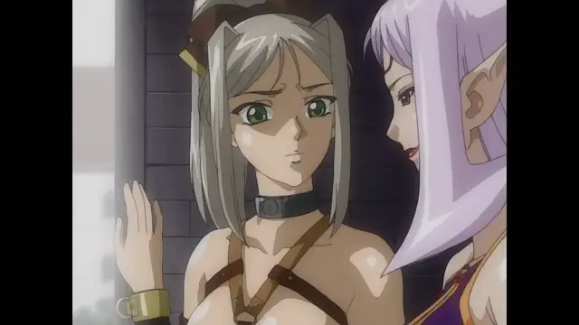 A silver-haired girl wearing a choker and leather harness looks forward with a concerned expression while a purple-haired elf stands closely behind her, whispering into her ear. Screenshot from Himekishi Lilia - Episode 1