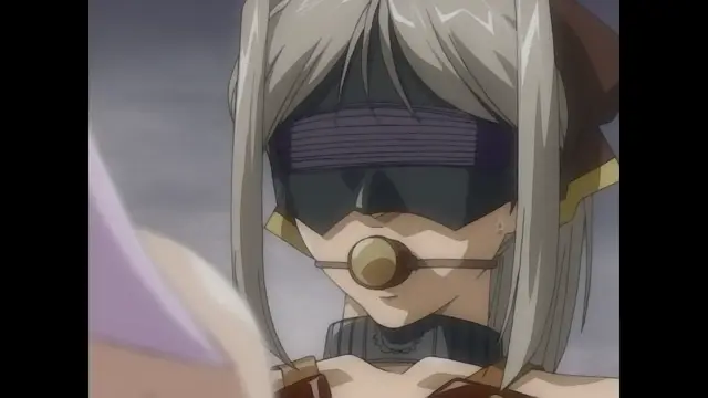 A close-up shot features a girl with long white hair and a black blindfold wearing a gold ball gag while blushing. Screenshot from Himekishi Lilia - Episode 1