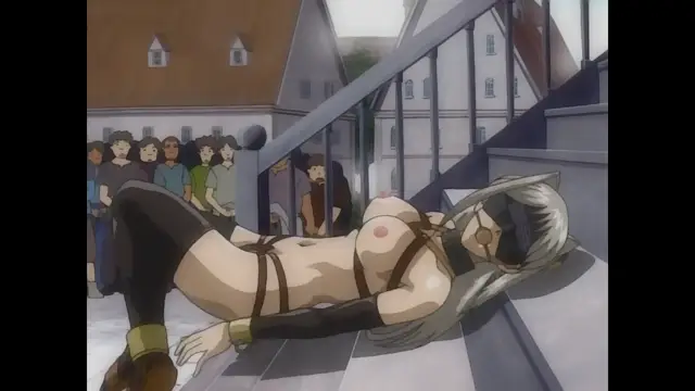 A long-haired anime girl in a revealing outfit lies on a staircase as a crowd of men watches her. Screenshot from Himekishi Lilia - Episode 1
