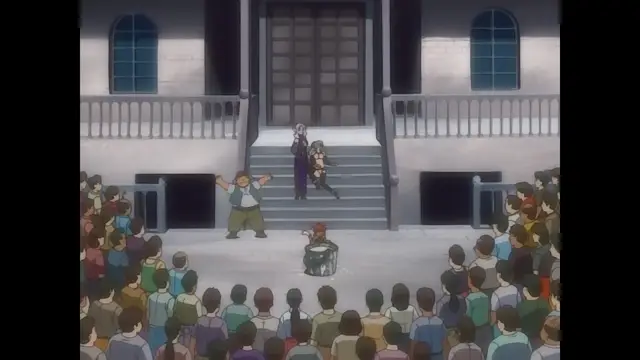 A crowd of people watches as a girl in a school uniform sits on a stool in front of a large building, while a man stands behind her and another woman watches from the stairs. Screenshot from Himekishi Lilia - Episode 1