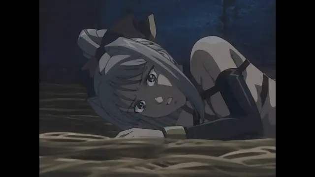 A grey-haired anime girl with long hair and a ponytail lies face-down on a straw mat, looking up with a dazed expression. Screenshot from Himekishi Lilia - Episode 1