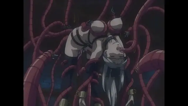 A woman with long grey hair is being overwhelmed and penetrated by multiple thick, red tentacles in a dark, industrial-looking room. Screenshot from Himekishi Lilia - Episode 1