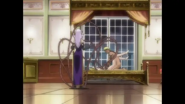 A tall, robed figure with long hair stands before a bed where a blonde woman lies naked on her hands and knees, while swirling purple energy cords wrap around both characters in a lavish bedroom. Screenshot from Himekishi Lilia - Episode 2