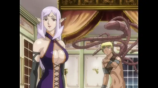 An elf woman with lavender hair and a large bust wearing a dark purple dress stands next to a shirtless man who is being restrained by fleshy tentacles in a lavish room. Screenshot from Himekishi Lilia - Episode 2