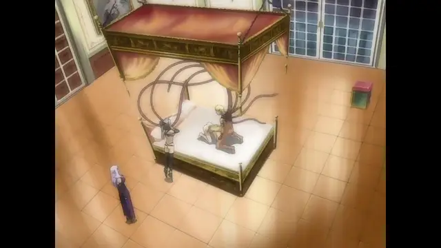 A high-angle shot shows a blonde woman being serviced by multiple men in a large bed with a canopy, while a man in a suit stands nearby observing the scene. Screenshot from Himekishi Lilia - Episode 2