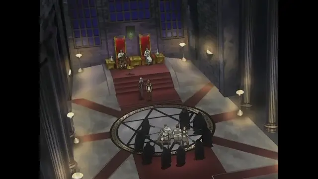 A high-angle shot shows a group of figures, including a woman and a man in formal attire, standing before a ritualistic circle where several other figures are gathered in a large, ornate throne room. Screenshot from Himekishi Lilia - Episode 2