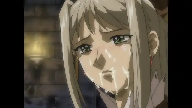 A close-up of an anime girl with long blonde hair and pigtails, blushing and crying with tears and heavy fluids running down her face as she looks forward with a dazed expression. Screenshot from Himekishi Lilia - Episode 2