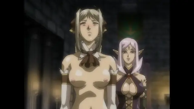 In a fantasy setting, a blonde elf with a dazed expression stands topless in front of a purple-haired elf, revealing her large breasts. Screenshot from Himekishi Lilia - Episode 2