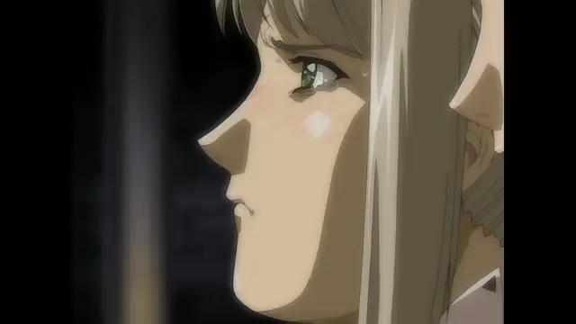 A close-up shot of a blushing, tearful anime woman with long blonde hair looking to the side with a pained expression. Screenshot from Himekishi Lilia - Episode 2