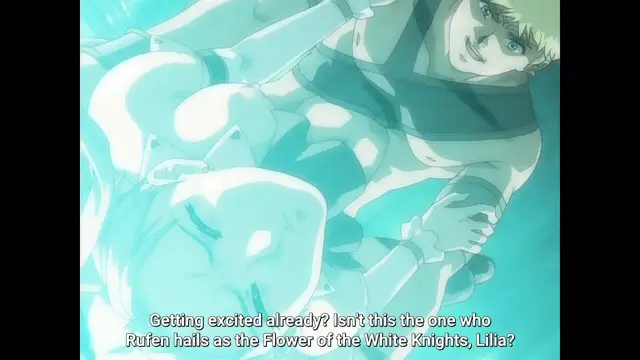 An anime-style scene featuring two characters in light armor, with a muscular male character smiling while holding a woman in a white outfit underwater, accompanied by the subtitle "Getting excited already? Isn't this the one who Rufen hails as the Flower of the White Knights, Lilia?". Screenshot from Himekishi Lilia - Episode 2