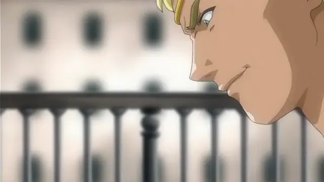 A close-up of a blonde male anime character with a smirk looking out from a balcony. Screenshot from Himekishi Lilia - Episode 3