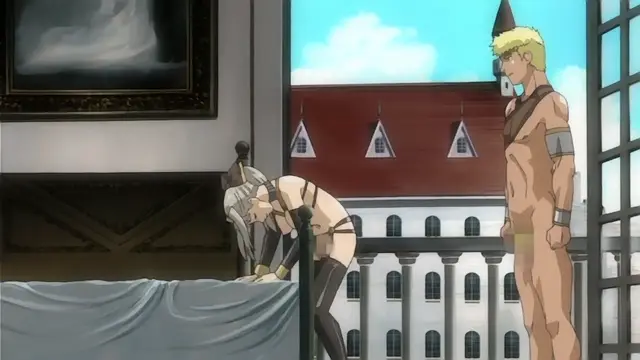 A muscular, blonde man stands watching as a long-haired woman in a leather harness is bent over a bed in an opulent room with a large window overlooking a European-style cityscape. Screenshot from Himekishi Lilia - Episode 3
