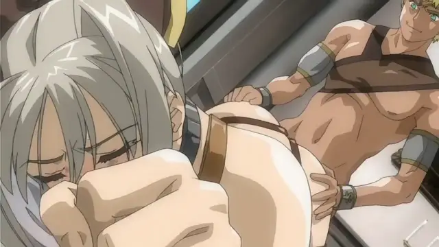 A girl with long silver hair and a distressed expression hides her face in her hands while a muscular man with blue hair sits behind her on a bed. Screenshot from Himekishi Lilia - Episode 3