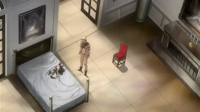 An anime-style shot shows a man standing in a room next to a bed where a woman lies naked under a white sheet, while he stands near her looking down. Screenshot from Himekishi Lilia - Episode 3