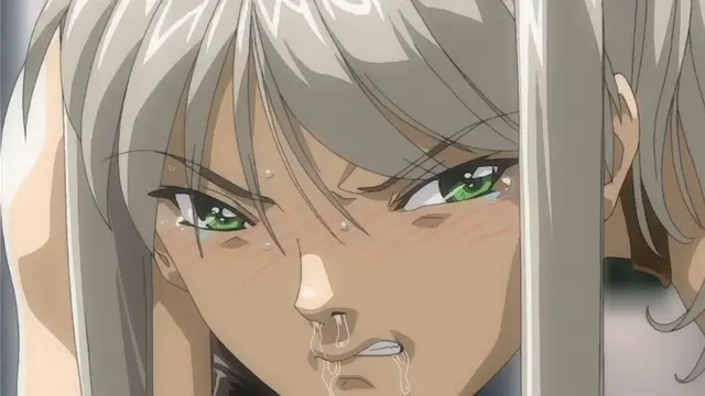 An anime girl with long silver hair and green eyes has a blushing face and is drooling as she looks forward with a dazed, ahegao-like expression. Screenshot from Himekishi Lilia - Episode 3