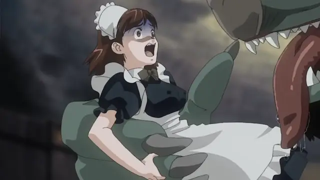 A shocked anime maid with a white frilled headpiece and black dress is being grabbed by a large green dragon-like creature with a long red tongue. Screenshot from Himekishi Lilia - Episode 3