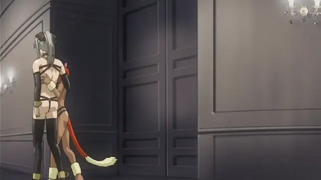 A girl with long white hair and a fox tail stands next to a female anime character in a room with large double doors. Screenshot from Himekishi Lilia - Episode 3