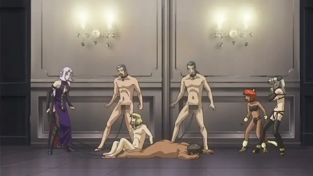 In a lavishly decorated room, a blonde-haired woman in a long purple dress stands to the left of several muscular men in underwear, while one woman is forced into a submissive position over a man lying on the floor, as another woman in a bikini and a woman in a white bodysuit stand on the right. Screenshot from Himekishi Lilia - Episode 3