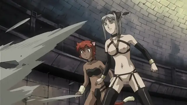Two anime girls, one with red hair and one with long grey hair, are shown in a fantasy-style dungeon setting as a white slash effect passes through the foreground. Screenshot from Himekishi Lilia - Episode 3