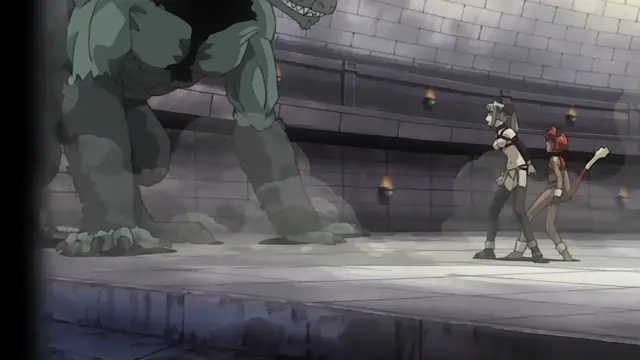A large, muscular monster looms over two small girls in a stone corridor, with one girl holding a sword and looking fearful. Screenshot from Himekishi Lilia - Episode 3