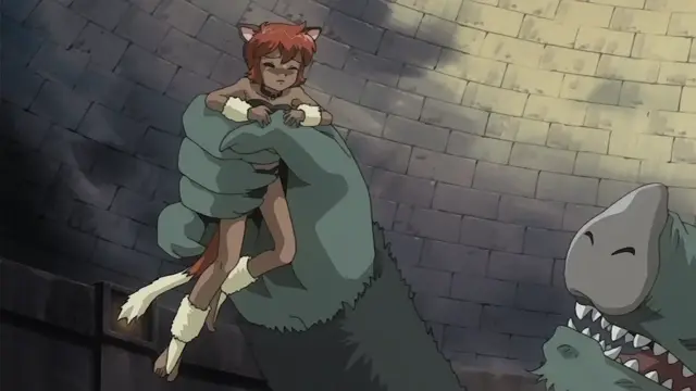 A large, green beast with sharp teeth holds a terrified anime girl with orange hair and cat ears against its chest in a stone dungeon. Screenshot from Himekishi Lilia - Episode 3
