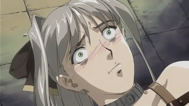 A wide-eyed, blushing anime girl with silver hair and a collar is shown lying on a stone floor, looking up in shock. Screenshot from Himekishi Lilia - Episode 3
