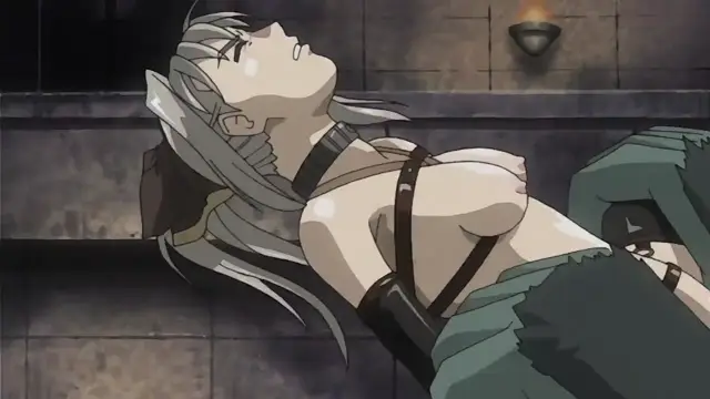 An anime girl with long silver hair and elf ears lies on her back on a stone floor, wearing a black harness and a dark skirt, with a male character partially visible next to her. Screenshot from Himekishi Lilia - Episode 3