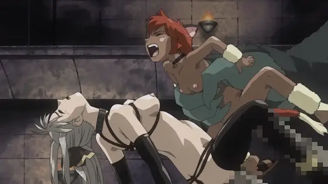 An anime woman with red hair and cat ears leans over a white-haired woman who is tied to a table with ropes, both with their tops pulled up. Screenshot from Himekishi Lilia - Episode 3
