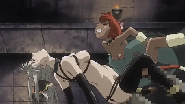A high-angle, wide shot shows a girl with long grey hair tied in a low ponytail, wearing a black leather bikini and thigh-high boots, lying face down on a stone floor with her legs spread open and tied together with rope as a red-haired female elf in a green dress sits behind her, looking shocked with her mouth open. Screenshot from Himekishi Lilia - Episode 3