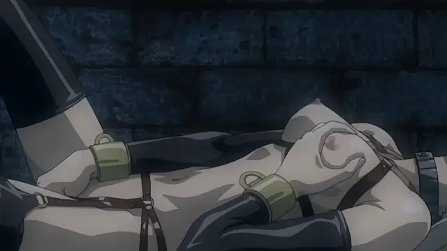 A woman in a maid outfit and leather cuffs lies on her back against a stone wall, with a man's leg visible as he stands over her while she exposes her large breasts. Screenshot from Himekishi Lilia - Episode 4