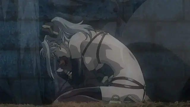 A silver-haired woman in a white and gold outfit is bent over in a dungeon, being penetrated from behind by a dark-skinned, muscular male character with red eyes. Screenshot from Himekishi Lilia - Episode 4
