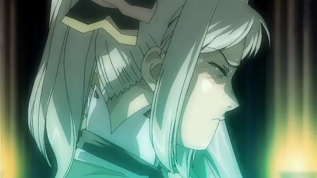 A close-up shot shows a pale-skinned, long-haired anime girl with a pained or distressed expression, her eyes downcast and face flushed as she wears a futuristic-looking outfit. Screenshot from Himekishi Lilia - Episode 4