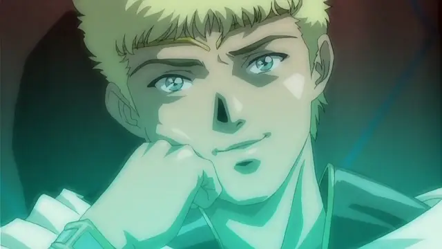A blond man with blue eyes and a smirk leans his chin on his fist while looking towards the viewer. Screenshot from Himekishi Lilia - Episode 4