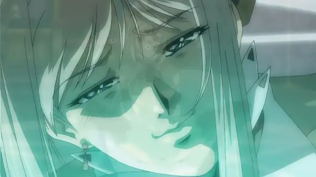 An anime girl with long, light blue hair and pointed ears looks down with a heavy-lidded, sensual gaze while sweating and blushing under a moody, teal-colored light. Screenshot from Himekishi Lilia - Episode 4