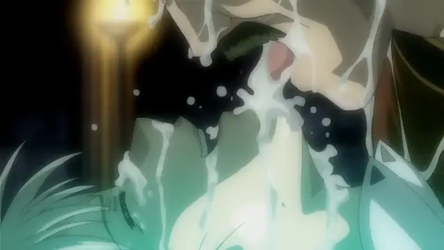 A close-up shot shows a man with tan skin and a beard towering over a woman with long green hair, with a large amount of white fluid dripping over both of their faces and bodies. Screenshot from Himekishi Lilia - Episode 4