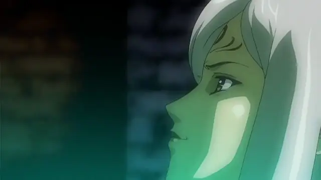 A close-up side profile of a long-haired woman with a worried expression as she looks towards the left in a dimly lit room. Screenshot from Himekishi Lilia - Episode 4
