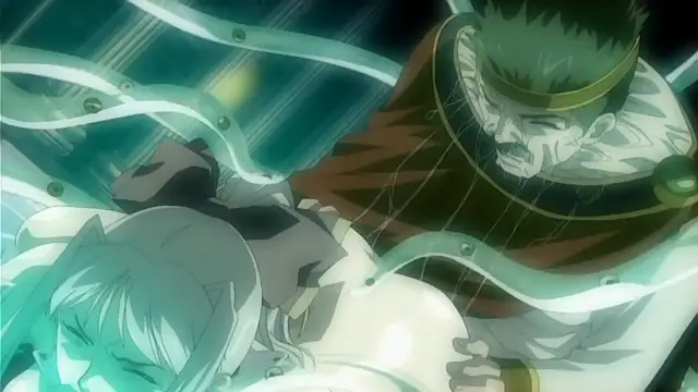 A male character with green hair and a robe presses a female character with white hair against a surface while their bodies are enveloped by glowing blue energy lines. Screenshot from Himekishi Lilia - Episode 4