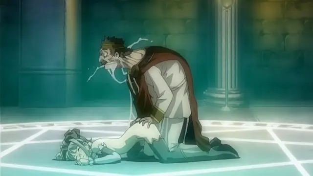A muscular, crown-wearing man with white hair and a red cape kneels over a girl lying on a glowing magic circle, dripping with large quantities of cum as the girl stares up at him. Screenshot from Himekishi Lilia - Episode 4