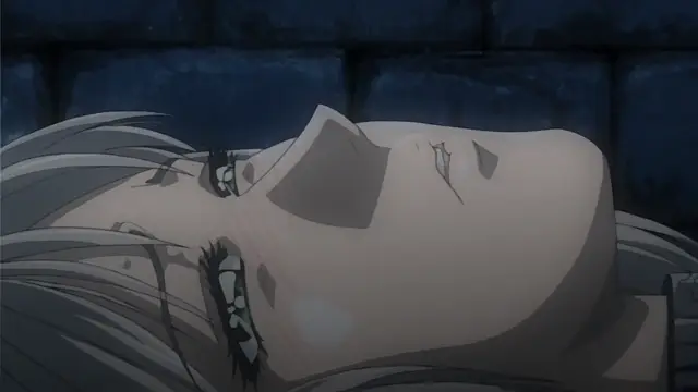 A close-up shot of a woman with gray hair lying on a stone floor with her eyes closed and a look of exhaustion or pain on her face. Screenshot from Himekishi Lilia - Episode 5