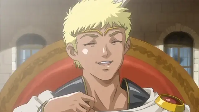 A blonde man with golden eyes and jewelry on his forehead smiles smugly while sitting on a large gold-trimmed throne in a castle setting. Screenshot from Himekishi Lilia - Episode 5
