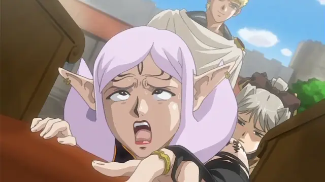 An anime girl with purple hair and pointed ears looks up with a distressed, tearful expression while pinned against a wooden structure by a man with blonde hair and a woman with grey hair. Screenshot from Himekishi Lilia - Episode 5