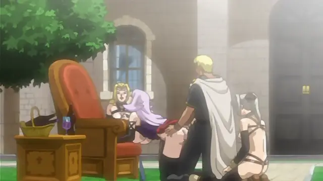 A blonde man in a white cape stands before a woman with blonde hair in a crown sitting on a throne, while a submissive woman with dark hair kneels on the floor, and a purple-haired woman is being held by the blonde woman. Screenshot from Himekishi Lilia - Episode 5