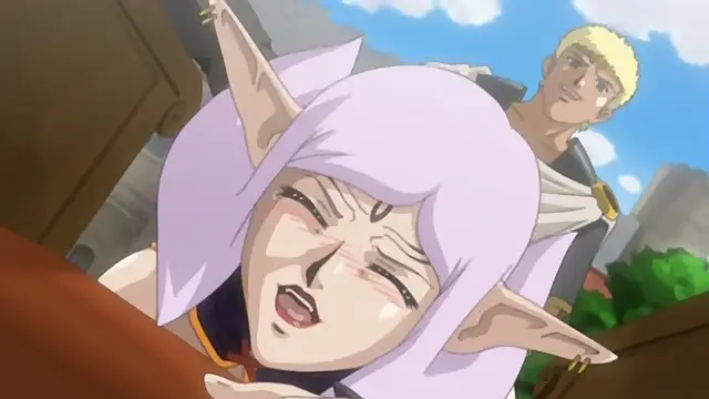 An anime-style scene shows a distressed, long-haired elf girl with pointed ears and a blushing face leaning against a wooden structure while a blond man with a mischievous grin looks on in the background. Screenshot from Himekishi Lilia - Episode 5