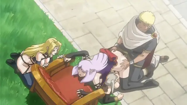 A blonde woman and a blonde man in armor are surrounding a woman with pink hair lying on a red chaise longue, with the man appearing to be rubbing her breasts. Screenshot from Himekishi Lilia - Episode 5