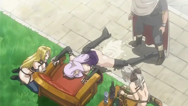 A blonde woman in a bikini and a man with long grey hair sit on the ground next to a table with alcohol, while a woman in a purple outfit lies face down across a wooden chair, being penetrated from behind by a man in grey and black clothing standing over her. Screenshot from Himekishi Lilia - Episode 5