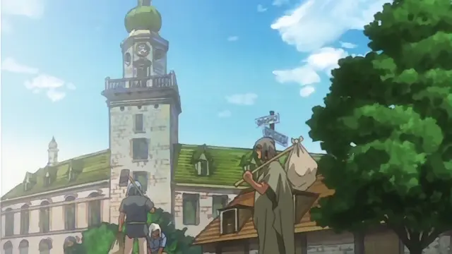A man with long brown hair carrying a large sack on a pole walks past a large castle and a group of people in a medieval fantasy village. Screenshot from Himekishi Lilia - Episode 5