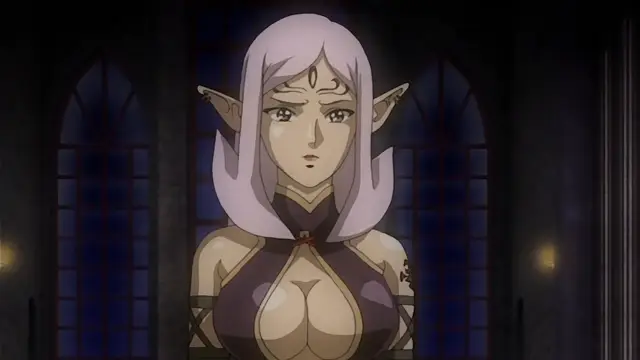 An elf woman with long light purple hair and pointed ears wearing a revealing black and gold outfit stands in a gothic hall, looking forward with a serious expression. Screenshot from Himekishi Lilia - Episode 5