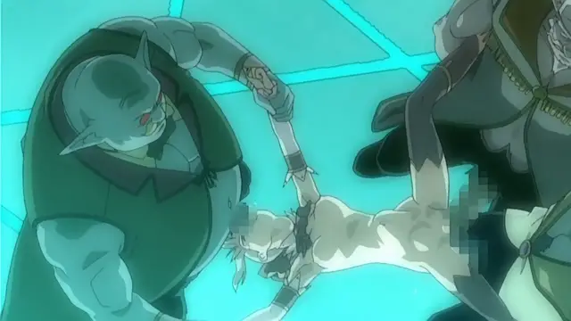 A large, muscular, blue-skinned demon with horns and a large belly stands over a small, scantily clad girl, holding her by her wrist while another large, muscular figure looms over her from the right. Screenshot from Himekishi Lilia - Episode 5