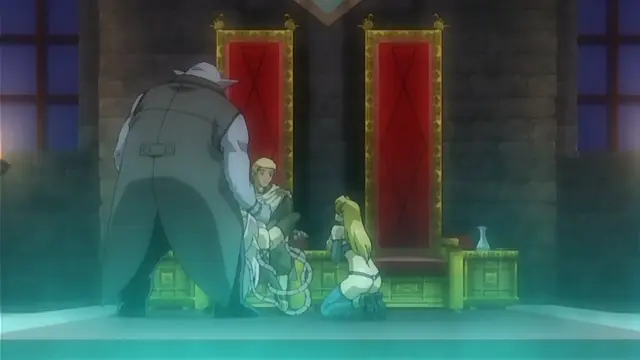 In a dimly lit throne room, a large, muscular man in a grey suit stands over a kneeling knight and a submissive blonde woman who are bound with rope, while a red throne stands in the background. Screenshot from Himekishi Lilia - Episode 5